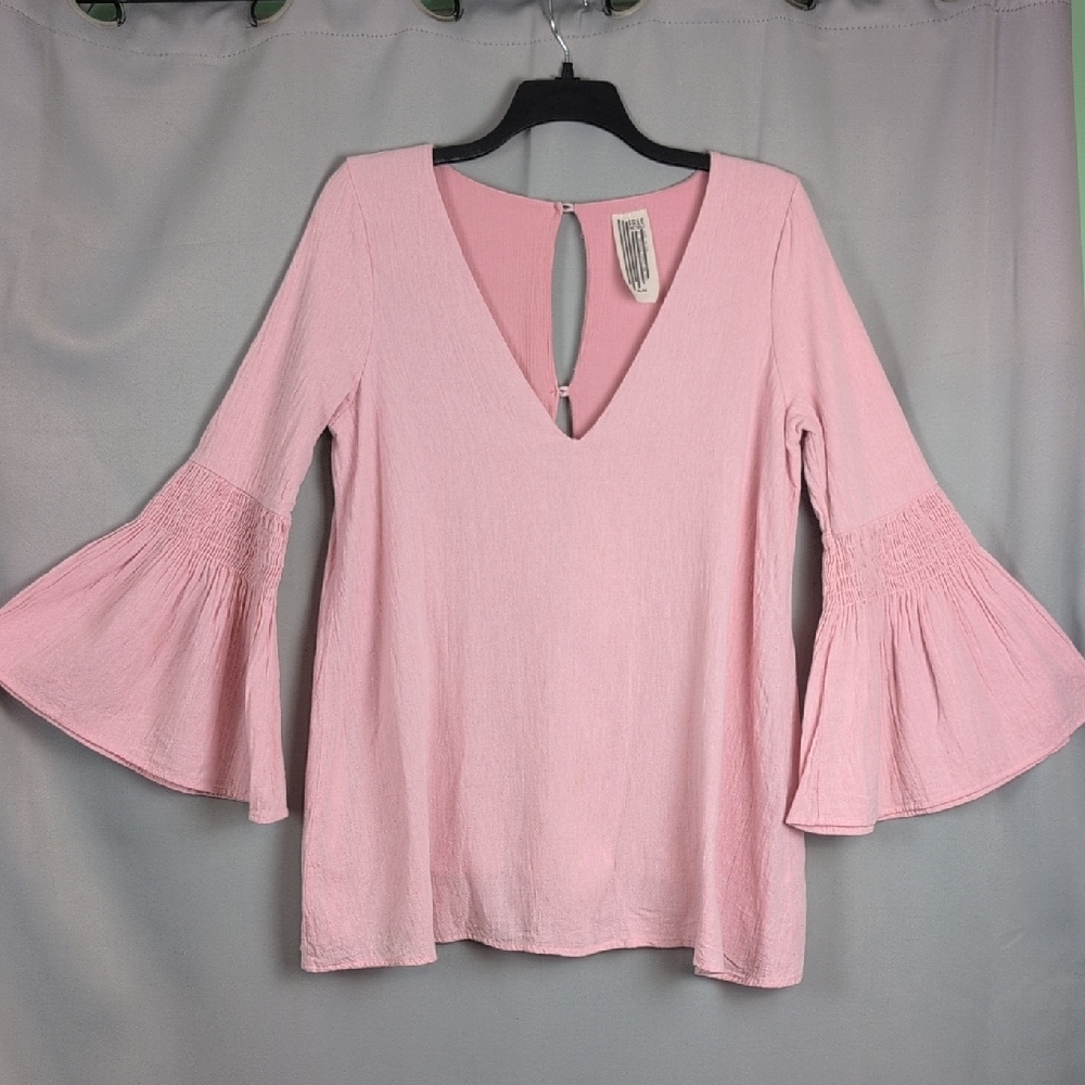 Free People Pink Flared Bell‎ Sleeves Chambray Mini Dress Romper Medium V-Neck
